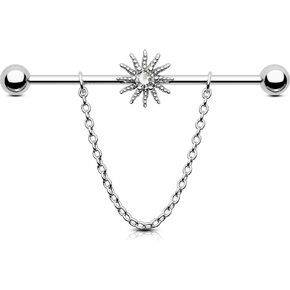 OUFER Industrial Piercing Jewelry, Sun Design Industrial Barbells, 316L Surgical Steel Industrial Earrings, Clear CZ Industrial Bars, Dangle Industrial Bar Piercing For Women Men