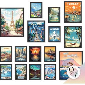 97 Decor LARGE 11x14 Vintage Travel Posters Wall Art - Large Retro Travel Decor For Home, Travel Art Prints For Wall Decor, Around World Destination Pictures Famous City Artwork For Classroom (Unframed)