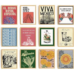 Set 12 Cactus Wall Art Colorful Wall Decor, Mexican Home Decor Artwork For Walls Living Room, Mexico Wall Art Poster, Day Of The Dead Decoration Vintage Aesthetic Mexican Artwork (UNFRAMED)
