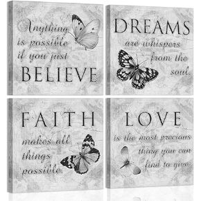 Butterfly Canvas Art Wall Decor: Inspirational Quotes Love Dream Believe Faith Wall Art Butterflies Pictures Grey Bathroom Bedroom Wall Decor Funny Vintage Posters,12x12Inch,Set of 4