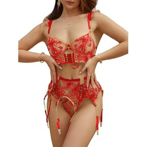 Lingerie Sets For Women Sexy,Black Floral Embroidery Metal Chain Shoulder Strap Lingerie Set