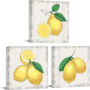 sechars 3 Piece Kitchen Wall Art Vintage Lemon Pictures Art Prints Still Life Fruit Painting Artwork for Dining Room Bar Decor Framed Ready to Hang Each Panel 12x12 Inches