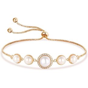 سوار منزلق من اللؤلؤ | أساور من الذهب الأبيض/الذهب الأصفر للنساء مجوهرات معصم لؤلؤ/برسيم محظوظ/دب | مقاس قابل للتعديل 5-10 بوصات in Kuwait