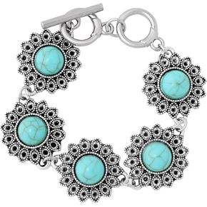 MINACHI Vintage Created Turquoise Stone Bracelet, Stainless Steel Floral Bracelet, Boho Gift for Women