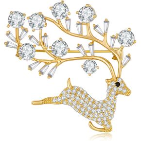 FAMARINE Sika Deer Brooches and Pins for Women, Christmas Animals Brooch Pin Paved by Cubic Zirconia Crystals (Gold-plated)