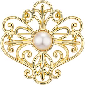 Vintage Christmas Brooch Pin for Holiday Costumes - Elegant Gold Filigree Design with Pearl Center, Classic Retro Jewelry for Festive Christmas Outfits, B01W
