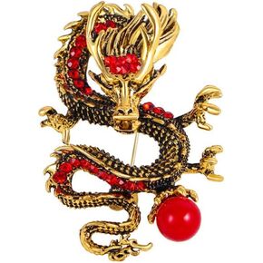 Gothic Dragon Animal Brooch Pin Chinses Zodiac Dragon Lapel Pin Cool Monster Dragon Safty Pin for Clothing Red Bead Crsytal Dragon Corsage for Women Men
