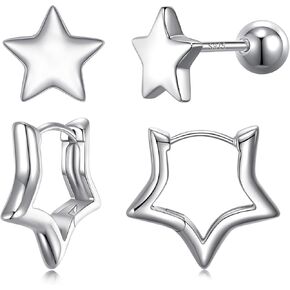 Hypoallergenic 925 Sterling Silver Star Earrings Star Hoop Earrings for Women Girls