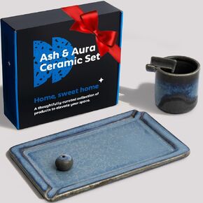 Ash and Aura Ceramic Set - Handcrafted 3-Pieces Kit - Tray with Ash Catcher and Incense Burner Holder - Black and Blue Accessories for Home Decor