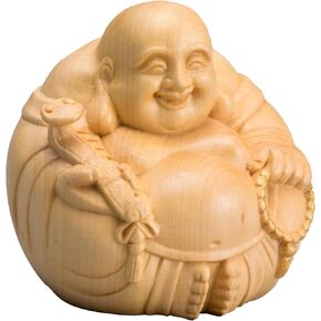 Japan Original God Hotei Buddha Wooden Figurine Good Luck Charm Smiling Japanese Home Decor Palm-Size Natural Wood Caving Craft Office Living Kitchen feng Shui Decor 2 × 2 × 2 inches