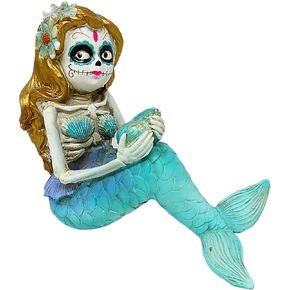 Needzo Day of The Dead Figurine, Sugar Skull Sitting Mermaid, Catrinas Mexicanas Halloween Decoration, 7.75 Inches