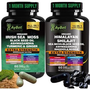 Sea Moss Shilajit Combo Bundle, Sea Moss 10000mg, Shilajit 12000mg, Black Seed Oil 12000mg, Ashwagandha 4000mg, Rhodiola Rosea1000mg, Burdock 4000mg, Turmeric 2500mg, Ginger, VitC, VitD3 (60)