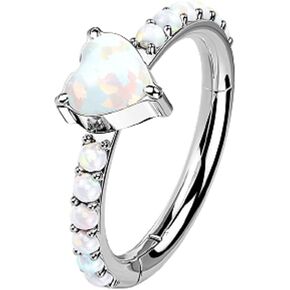 Pierced Owl - 16GA G23 Implant Grade Titanium Synthetic Opal Heart Center and CZ Crystal Paved Sides Hinged Segment Ring