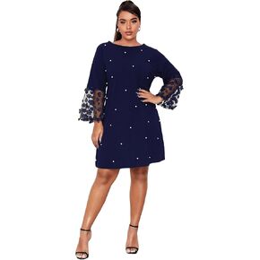 WDIRARA Women's Plus Floral Mesh Long Sleeve Pearl Beaded Wedding Guest Party Mini Dress
