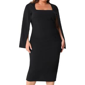 Agnes Orinda Plus Size Dress for Women Square Neck Split Long Sleeve Back Slit Bodycon Pencil Dresses