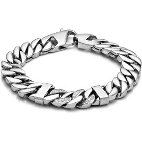 Metro Jewelry Stainless Steel Curb Chain Bracelet for Men with White Cubic Zirconia - 8.5 Inches Long with Lobster Claw