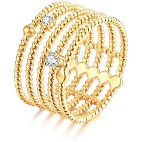 E 14K Gold Plated Layer Rings for Women, Multi Parallel Bar Wide Band Stacking Rings for Women Cubic Zirconia Rings Size 6-10