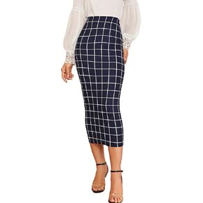 Verdusa Women's Elegant Plaid Elastic Waist Bodycon Midi Skirt