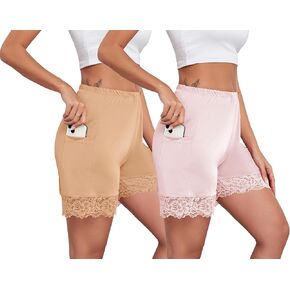Slip Shorts For Under Dresses Bloomers For Women Lace Trim Pettipants With Pockets Satin Slip Shorts