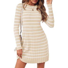 Wenrine Womens Striped Sweater Dress Casual Long Sleeve Loose Ribbed Knit Mini Dresses