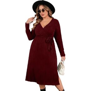KOJOOIN Women Plus Size Sweater Dress V-Neck Long Sleeve Knit Dress Side Split Elegant Sweater Dress with Belt