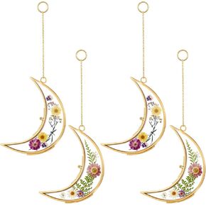 4 Pcs Moon Shaped Double Glass Frame for Pressed Flowers Clear Glass Floating Frame Flower Hanging Photo Frame with Chain for Artwork Display Wall Decor (Gold,2.5 x 3.5 Inch)