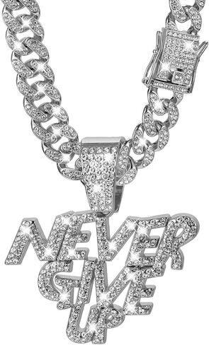 NEVER GIVE UP Hip-hop Cuban Chain, Rhinestone Pendant Necklace Jewelry For Men，Men's Fashion Jewelry in Kuwait