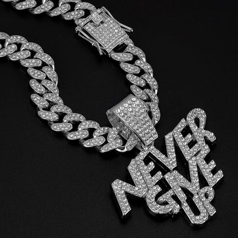 NEVER GIVE UP Hip-hop Cuban Chain, Rhinestone Pendant Necklace Jewelry For Men，Men's Fashion Jewelry in Kuwait