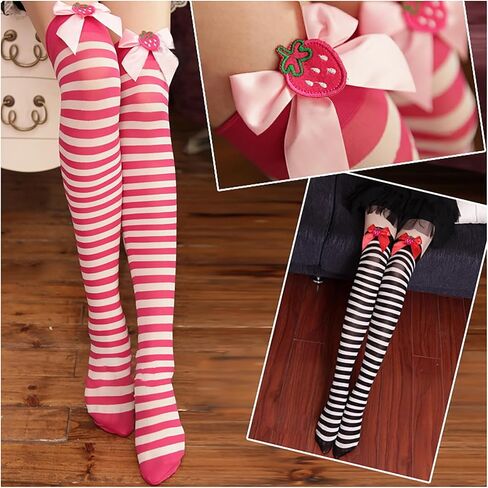 Socks,Fashion Thigh High Stockings Strawberry Bowknot Stripes Over Knee Sock Long Socks Festival Tights Long Stocking in Saudi Arabia