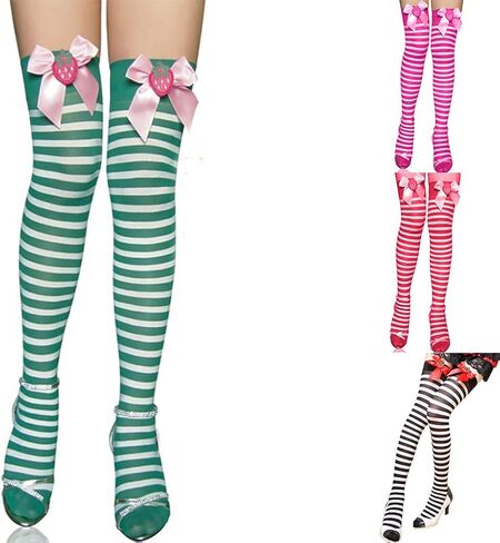 Socks,Fashion Thigh High Stockings Strawberry Bowknot Stripes Over Knee Sock Long Socks Festival Tights Long Stocking in Saudi Arabia