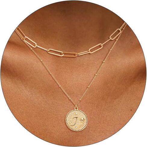 Gold Initial Necklaces for Women Trendy 14K Gold Plated Letter A- Z Pendant Necklace Paperclip Link Chain Personalized Coin Layered Dainty Gold Necklace for Women Gold Jewelry in Kuwait