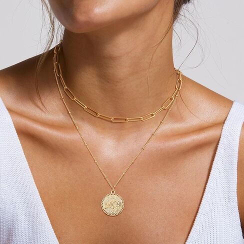 Gold Initial Necklaces for Women Trendy 14K Gold Plated Letter A- Z Pendant Necklace Paperclip Link Chain Personalized Coin Layered Dainty Gold Necklace for Women Gold Jewelry in Kuwait