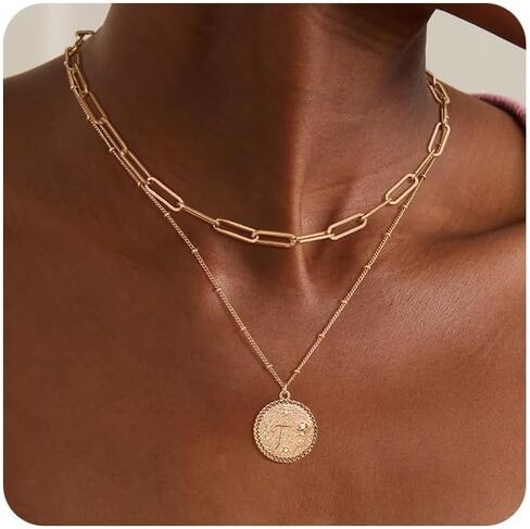 Gold Initial Necklaces for Women Trendy 14K Gold Plated Letter A- Z Pendant Necklace Paperclip Link Chain Personalized Coin Layered Dainty Gold Necklace for Women Gold Jewelry in Kuwait