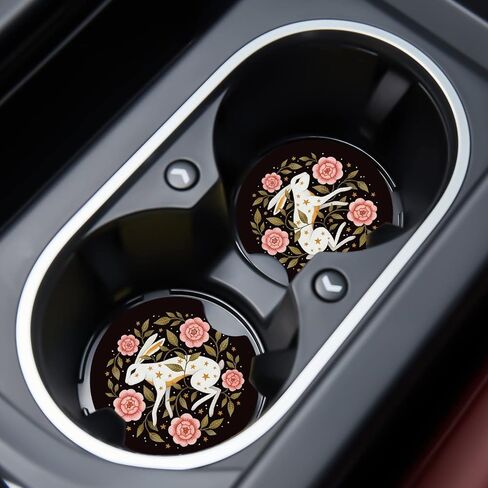 Jupswan سيارة cupholder كوستر ماصة 2 حزمة مضحك لطيف متعة العصرية الحيوان الأرنب الأرنب الأزهار الزهور تصميم المطاط جديد حامل كأس السيارات صائق اكسسوارات الديكور للنساء الرجال in Kuwait