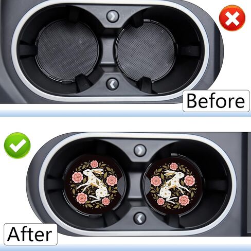 Jupswan سيارة cupholder كوستر ماصة 2 حزمة مضحك لطيف متعة العصرية الحيوان الأرنب الأرنب الأزهار الزهور تصميم المطاط جديد حامل كأس السيارات صائق اكسسوارات الديكور للنساء الرجال in Kuwait