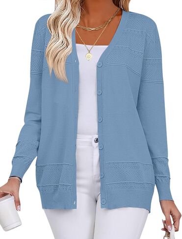 VVK Womens Long Sleeve V-Neck Button Down Cardigan Sweaters Knit Open Front Lightweight 2024 Ladies Fall Outwear in Saudi Arabia