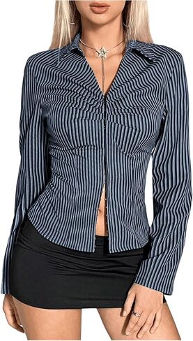 OYOANGLE Women's Striped Print Long Sleeve Ruched Shirts Y2K Split Hem Collared Shirt Tops in Saudi Arabia