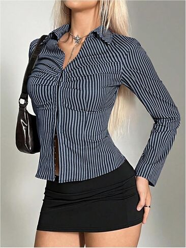 OYOANGLE Women's Striped Print Long Sleeve Ruched Shirts Y2K Split Hem Collared Shirt Tops in Saudi Arabia
