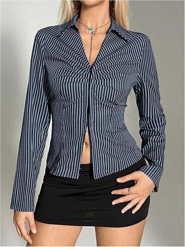 OYOANGLE Women's Striped Print Long Sleeve Ruched Shirts Y2K Split Hem Collared Shirt Tops in Saudi Arabia