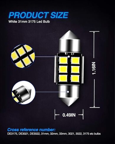 Marsauto DE3175 LED Bulb 31mm Festoon LED Bulbs White 1.2inch Super Bright 300LM 6500K 2835SMD 3175 DE3021 3022 3021 for Car Interior Dome Map License Plate Lights, count 4 (Pack of 1) in Saudi Arabia