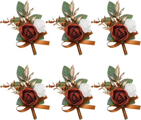 6 pcs Burnt Orange Boutonniere for Men Wedding Groom Groomsmen Best Man Terracotta Artificial Flowers Boutonniere for Fall Rustic Wedding Ceremony Anniversary Prom Flowers Formal Dinner Party in Kuwait