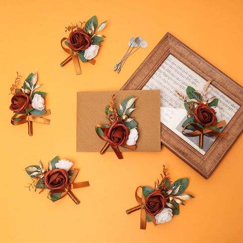 6 pcs Burnt Orange Boutonniere for Men Wedding Groom Groomsmen Best Man Terracotta Artificial Flowers Boutonniere for Fall Rustic Wedding Ceremony Anniversary Prom Flowers Formal Dinner Party in Kuwait
