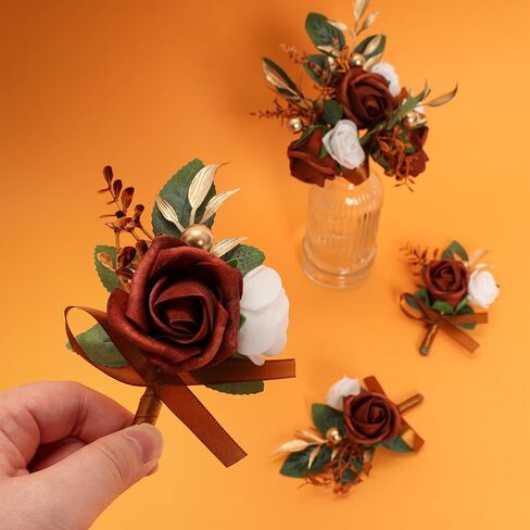 6 pcs Burnt Orange Boutonniere for Men Wedding Groom Groomsmen Best Man Terracotta Artificial Flowers Boutonniere for Fall Rustic Wedding Ceremony Anniversary Prom Flowers Formal Dinner Party in Kuwait