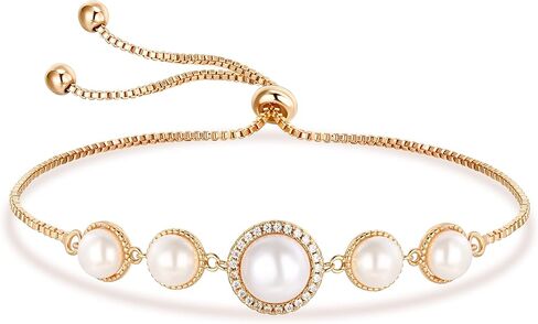 سوار منزلق من اللؤلؤ | أساور من الذهب الأبيض/الذهب الأصفر للنساء مجوهرات معصم لؤلؤ/برسيم محظوظ/دب | مقاس قابل للتعديل 5-10 بوصات in Kuwait