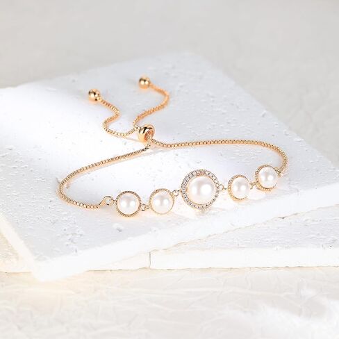 سوار منزلق من اللؤلؤ | أساور من الذهب الأبيض/الذهب الأصفر للنساء مجوهرات معصم لؤلؤ/برسيم محظوظ/دب | مقاس قابل للتعديل 5-10 بوصات in Kuwait