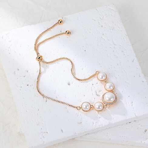 سوار منزلق من اللؤلؤ | أساور من الذهب الأبيض/الذهب الأصفر للنساء مجوهرات معصم لؤلؤ/برسيم محظوظ/دب | مقاس قابل للتعديل 5-10 بوصات in Kuwait