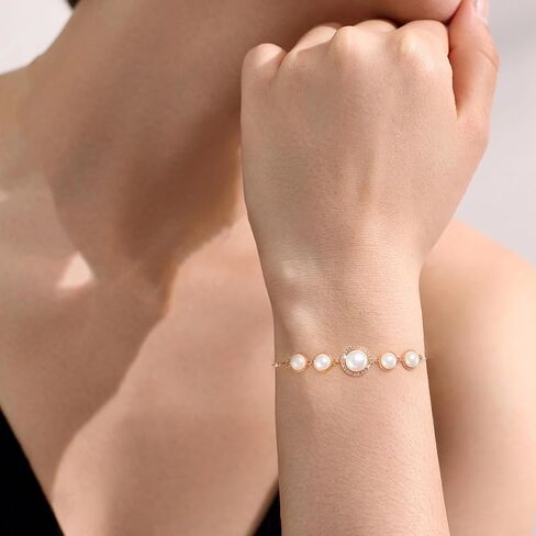 سوار منزلق من اللؤلؤ | أساور من الذهب الأبيض/الذهب الأصفر للنساء مجوهرات معصم لؤلؤ/برسيم محظوظ/دب | مقاس قابل للتعديل 5-10 بوصات in Kuwait