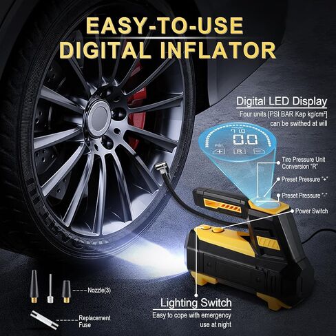 LivTee Tire Inflator Portable Air Compressor for Car Tires - Car Accessories, 12V DC Air Pump with Digital Tire Pressure Gauge, Max 150PSI with Emergency LED Lights for Car, Camper, RV, Truck in Saudi Arabia