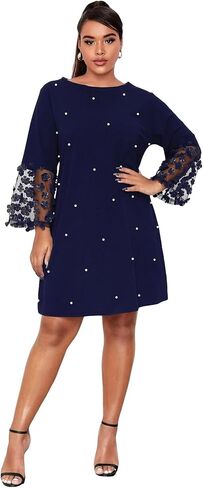 WDIRARA Women's Plus Floral Mesh Long Sleeve Pearl Beaded Wedding Guest Party Mini Dress in Saudi Arabia