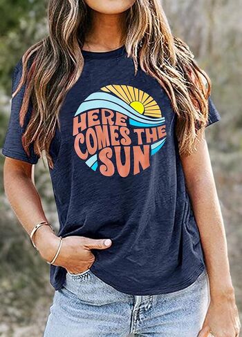 Here Come The Sun Shirt Women Summer Sunshine Print Beach Tops Vintage Vacation Short Sleeve T Shirt in Kuwait